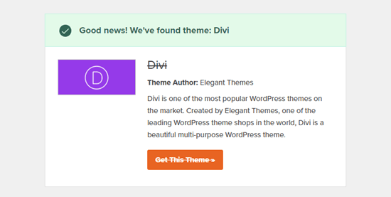 El detector de temas de WordPress en acción, detectando el tema Divi