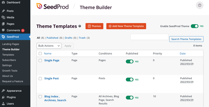 SeedProd ofrece un constructor de temas fácil de usar