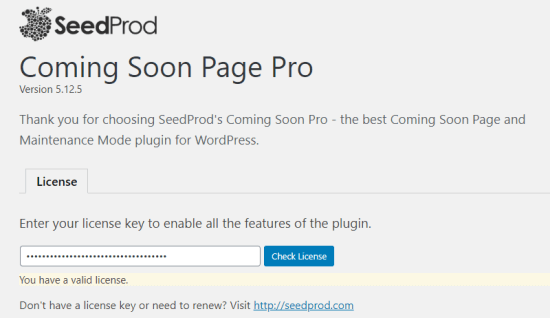 Introduciendo tu clave de licencia en la página de configuración de SeedProd Coming Soon Pro