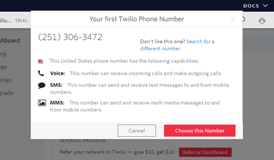 Elige un número de teléfono para utilizar con Twilio