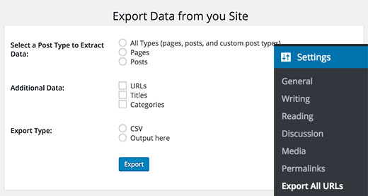 Página de configuración de la exportación de todas las URLs
