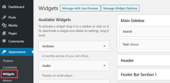 La sección de widgets de la administración de WordPress