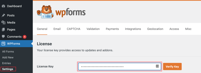 Visita la página de configuración de WPForms para introducir tu clave de licencia