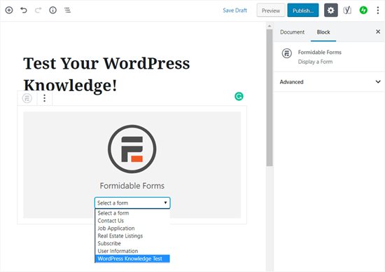 Elige el widget de tu formulario de concurso en WordPress