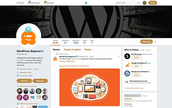 Página de perfil de Twitter que muestra la foto de portada, la imagen de perfil y la imagen para compartir