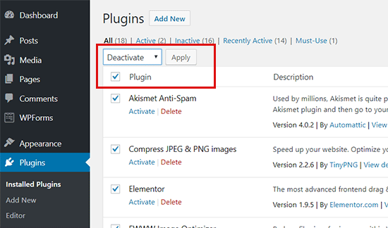 Desactivar todos los plugins de WordPress