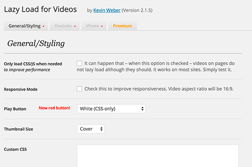 Página de configuración de la carga lenta de vídeos del plugin de WordPress