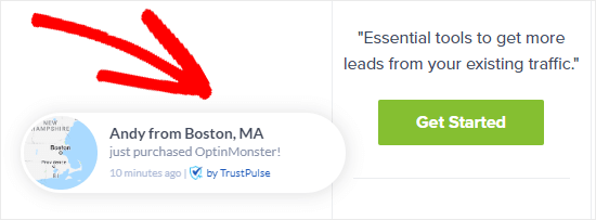 Un ejemplo de notificación de TrustPulse en el sitio de OptinMonster
