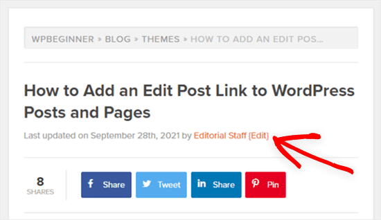 ejemplo de enlace de edición de una entrada en el front-end de un blog de WordPress