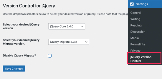 control de la versión de jQuery