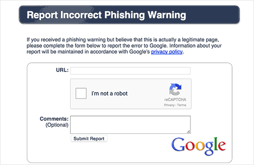 Informe de advertencia de phishing incorrecto