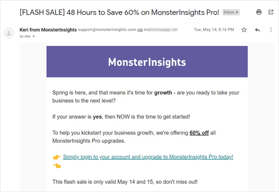 Demostración de la campaña de ventas flash por correo electrónico