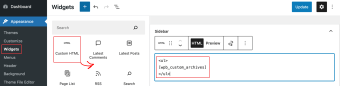 Añadir un código corto a un widget HTML personalizado