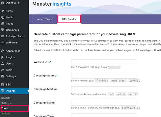Constructor de URLs en MonsterInsights