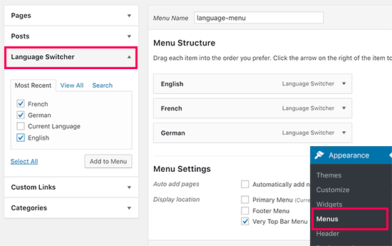 Añadir un conmutador de idiomas a los menús de navegación de WordPress