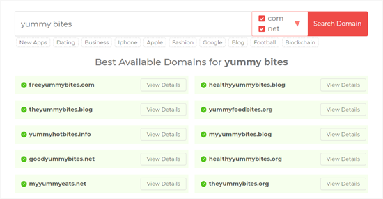 Resultados de la búsqueda de nombres de blogs en la rueda de los dominios