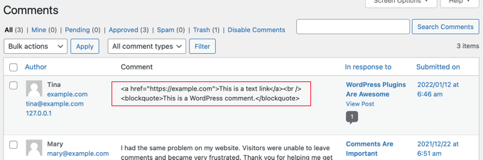 Desaconseja los enlaces en los comentarios deshabilitando el HTML