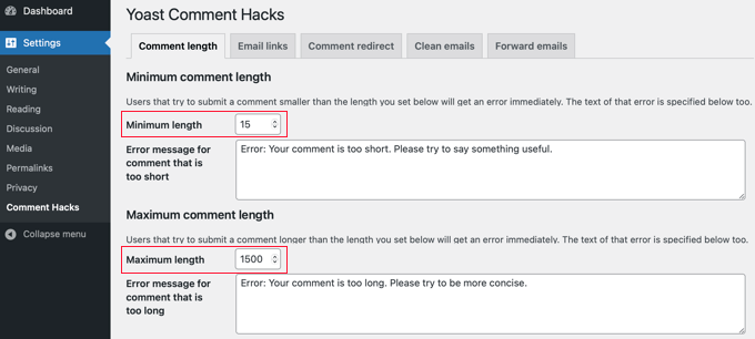 El plugin Yoast Comment Hack puede establecer la longitud mínima y máxima de los comentarios permitidos