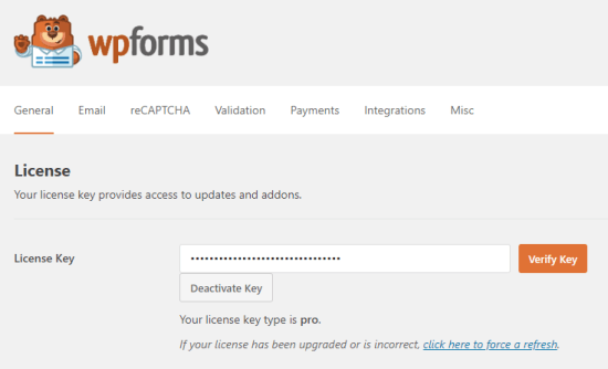 Introducir la clave de licencia para WPForms