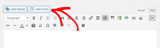 El botón de añadir un formulario en el editor de páginas de WordPress