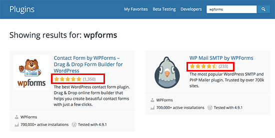 Las estrellas de las reseñas se muestran en la búsqueda de plugins de WordPress