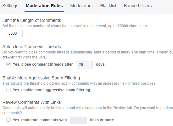 Reglas de moderación de los comentarios de FB