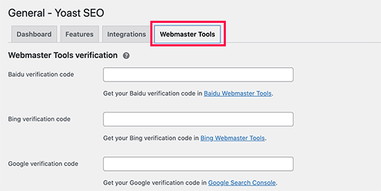 Verificación de las herramientas para webmasters en Yoast SEO