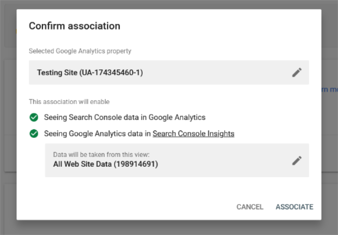 Confirmar la asociación entre Analytics y Search Console