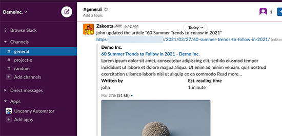 Una notificación de WordPress mostrada en un canal de Slack