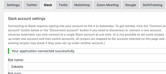 Conectado con éxito Slack a WordPress a través de Uncanny Automator