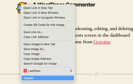 Haz clic con el botón derecho del ratón sobre el Gravatar en tu navegador y haz clic en Inspeccionar