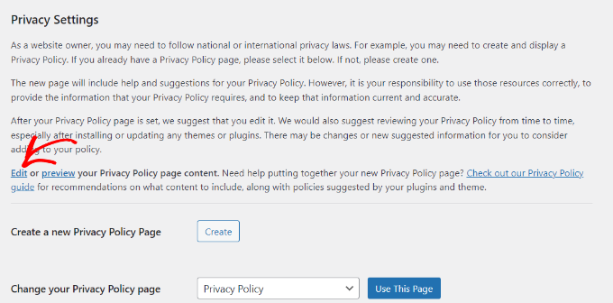 Editar la página de política de privacidad existente