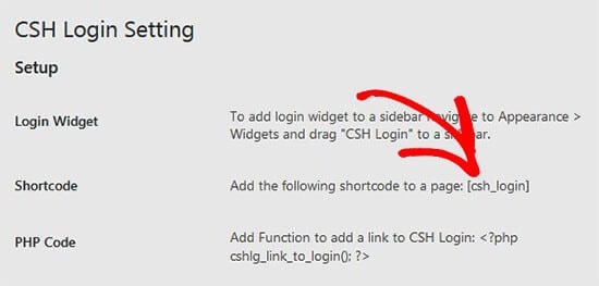Copiar el código corto para el plugin de inicio de sesión CSH
