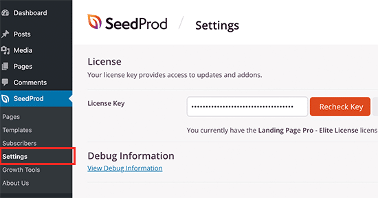 Introduce tu clave de licencia de SeedProd