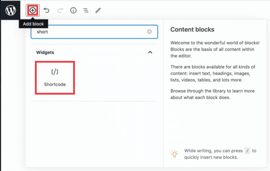 Añadir el bloque de código corto de WordPress