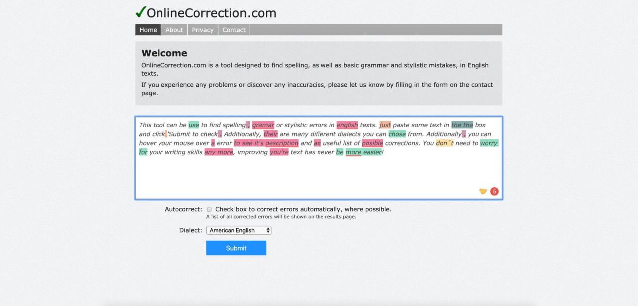 página de inicio de la herramienta de corrección en línea
