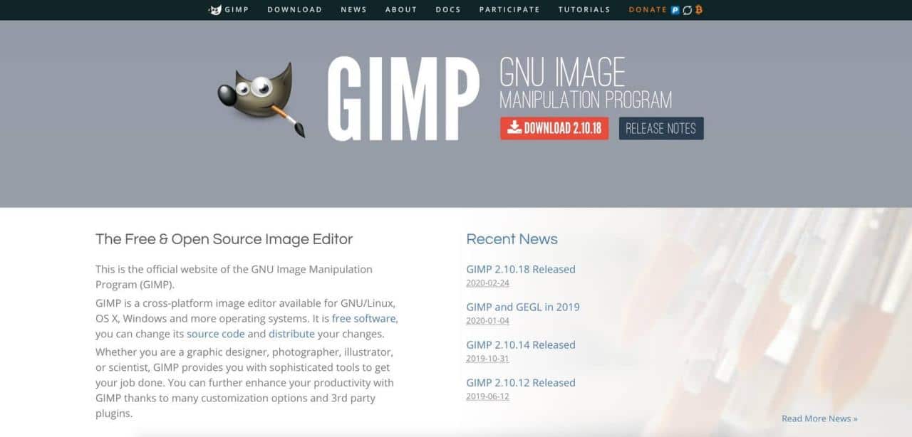 Página de inicio de GIMP