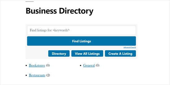 Demostración del directorio de empresas con el tema predeterminado de WordPress