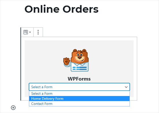 Seleccionando tu formulario de pedido online en la lista desplegable de WPForms