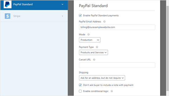 La página de configuración de pago de PayPal para tu formulario