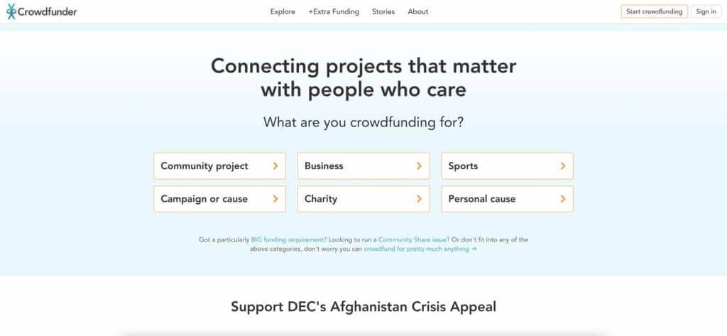 página de inicio de crowdfunder