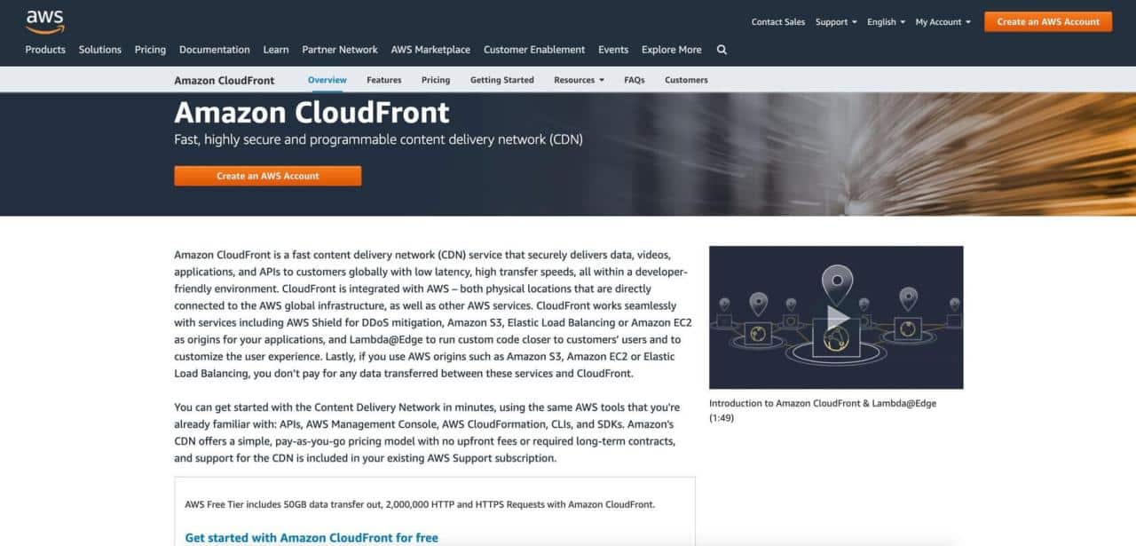 Página de inicio de Amazon CloudFront