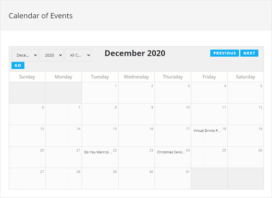 Ver el calendario de eventos en tu sitio web