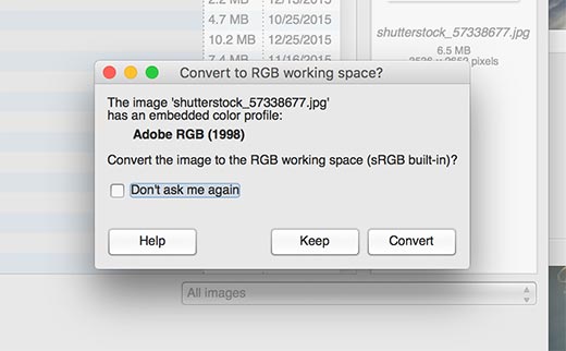 GIMP detectando y sugiriendo encubrir el espacio de color