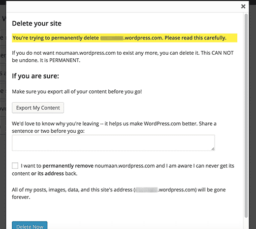 Confirma que quieres eliminar tu blog de WordPress.com