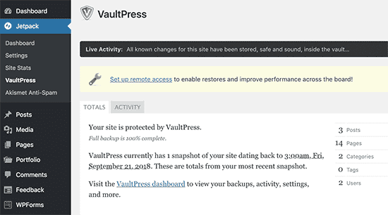 Panel de control de VaultPress