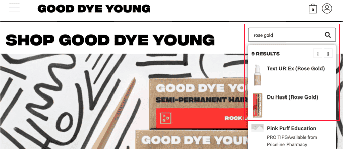 Página de resultados de la búsqueda de productos Good Dye Young