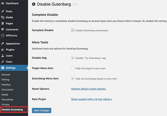 Desactivar la configuración de Gutenberg