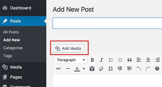 Haz clic en el botón de añadir medios para subir tus fotos en WordPress