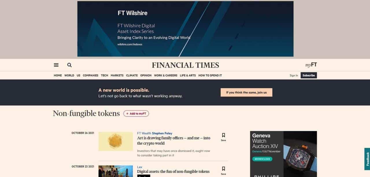 Página del Financial Times NFT